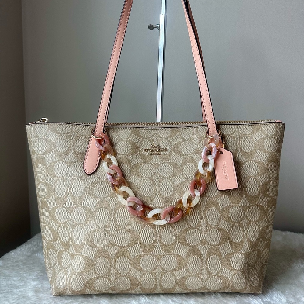 Coach Zip tote in light Khaki and peach with chain strap